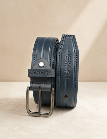 Tusker Signature Genuine Buffalo Leather Belt for Men - Engraved Blue-Grey