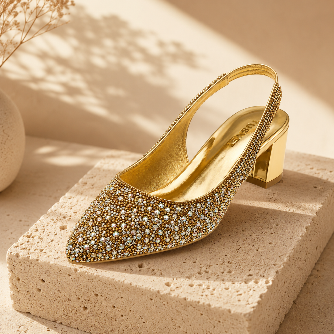 TUSKER Celestia Crystal Embellished Slingback Block Heels for Women