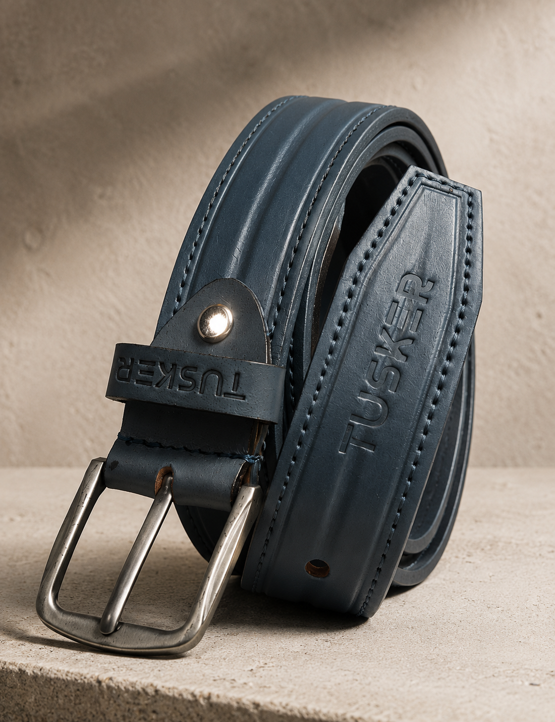 Tusker Signature Genuine Buffalo Leather Belt for Men - Engraved Blue-Grey