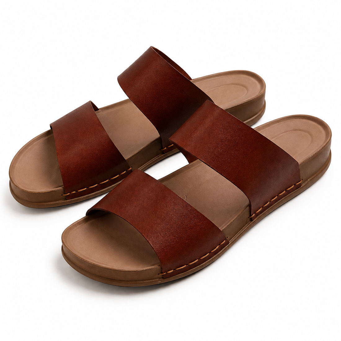 Women’s Brown Double-Strap Casual Sandals | Comfortable Flat Slip-On Sandals