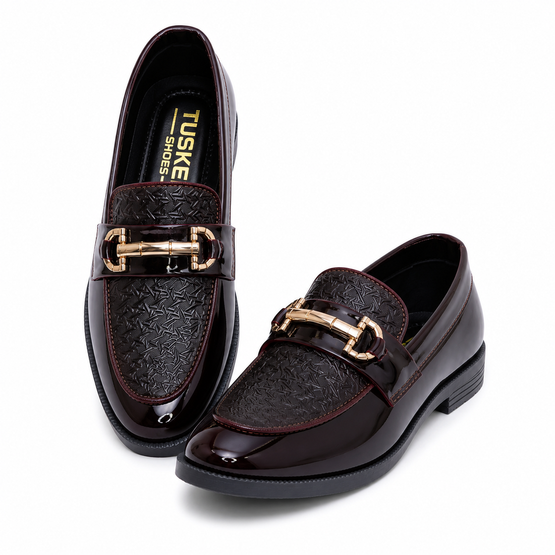 Tusker Kids Regal Patent Faux Leather Party Wear Loafers with Gold Horse-Bit Buckle | Wine Burgundy
