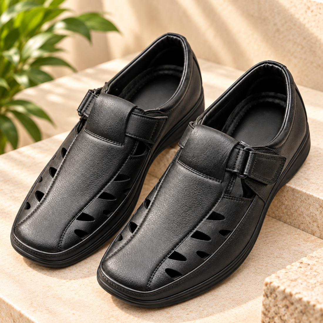 Urban Roman | Men’s Black Closed-Toe Comfort Sandals Mat Black