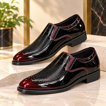 Midnight Merlot | Men’s Black & Burgundy Glossy Formal Slip-On Shoes