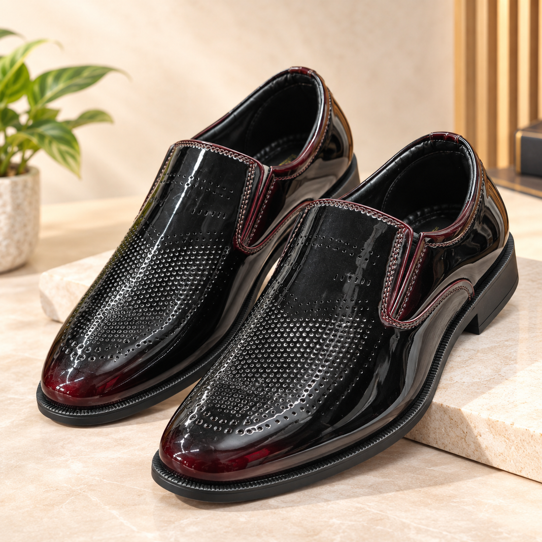 Midnight Merlot | Men’s Black & Burgundy Glossy Formal Slip-On Shoes