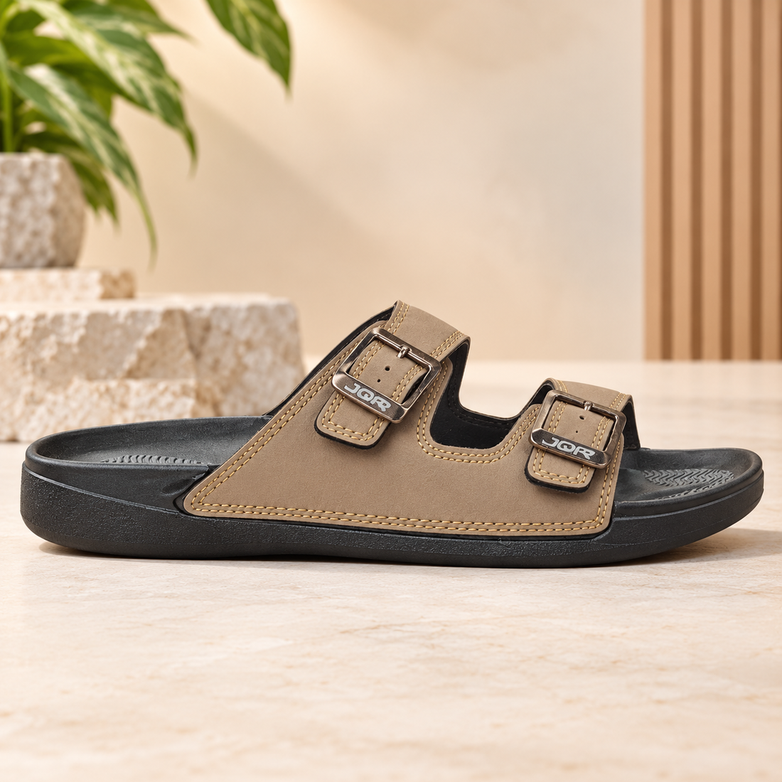 Terra Flex | Men’s Taupe Double Buckle Comfort Sandals Black Kakhi