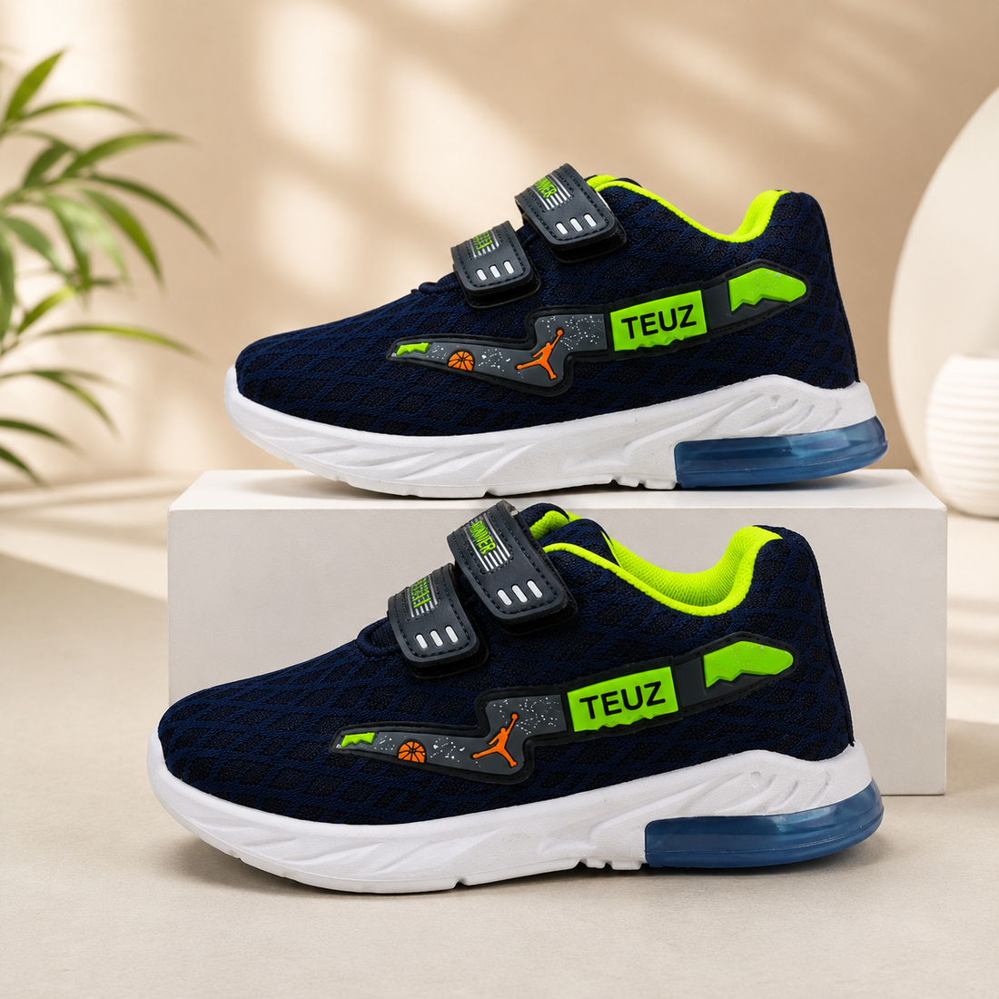 Tusker Kids’ Sports Running Shoes with Double Velcro Straps – Navy Blue & Neon Green