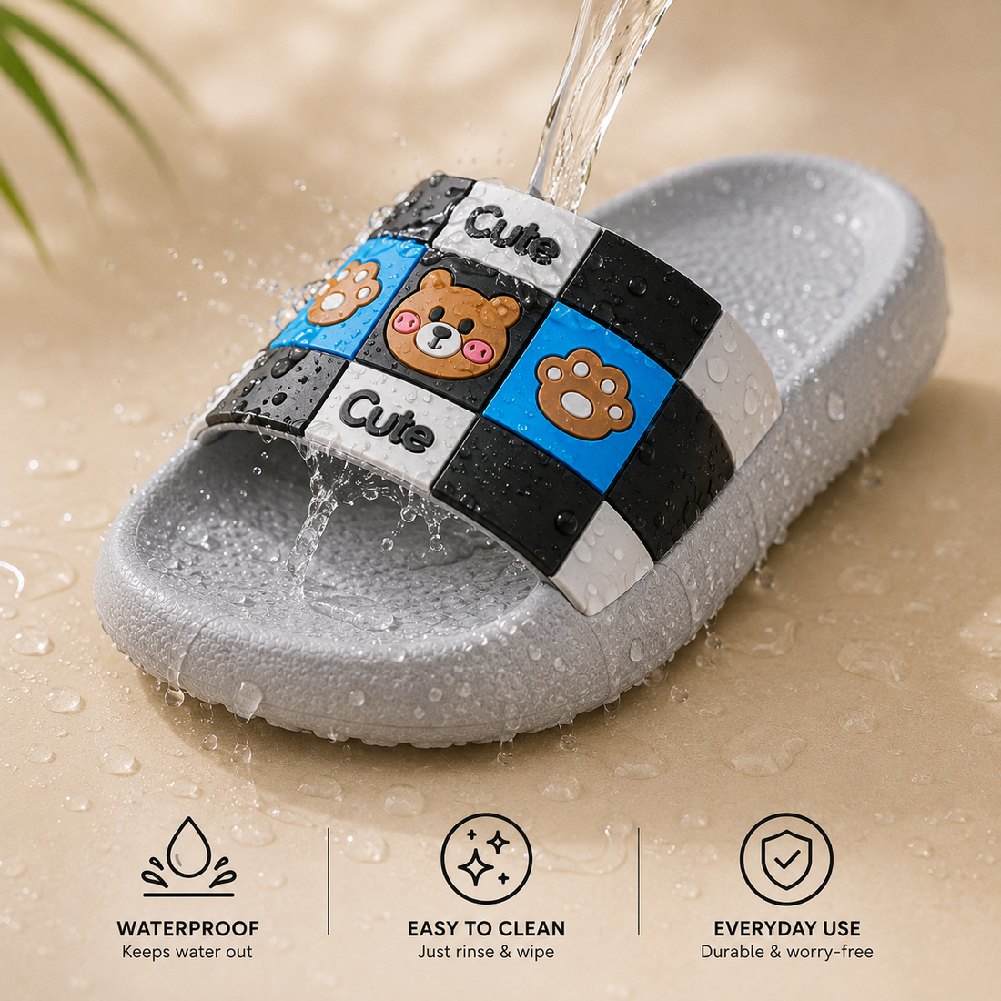 Tusker PlayStep Kids Bear EVA Slides – Ultra Soft Lightweight Waterproof Anti-Slip Slippers | Grey